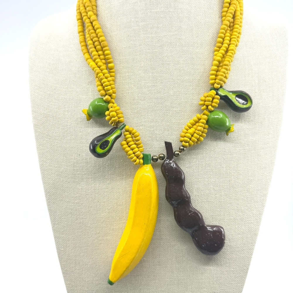Funky Tropical Fruit Necklace Multi Strand Yellow Wood Beads Statement Piece